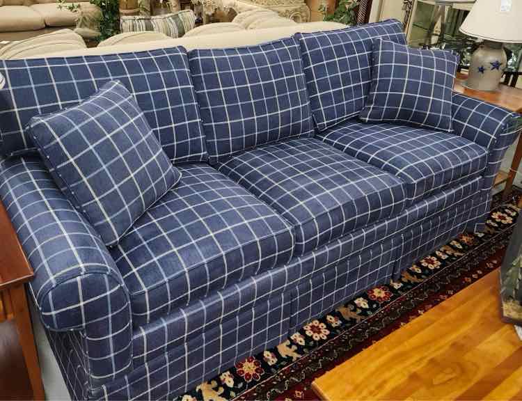 Navy Ethan Allen Plaid Goose Down Sofa