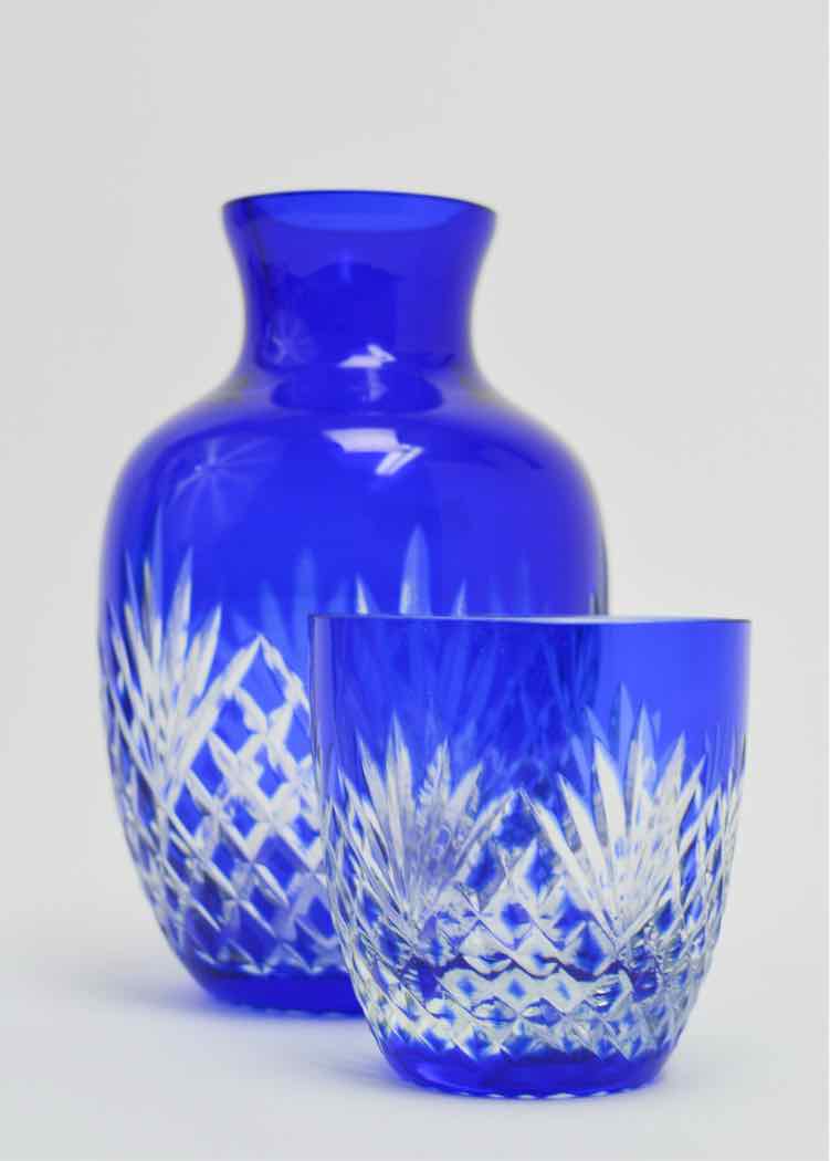 Vtg.Cobalt Blue Cut-to-Clear Bedside Carafe