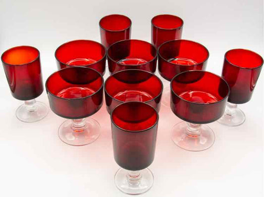 11 Pieces of French Ruby Glass Arcoroe Glassware
