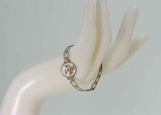 Silvertone, White w/Rose Child's Bracelet