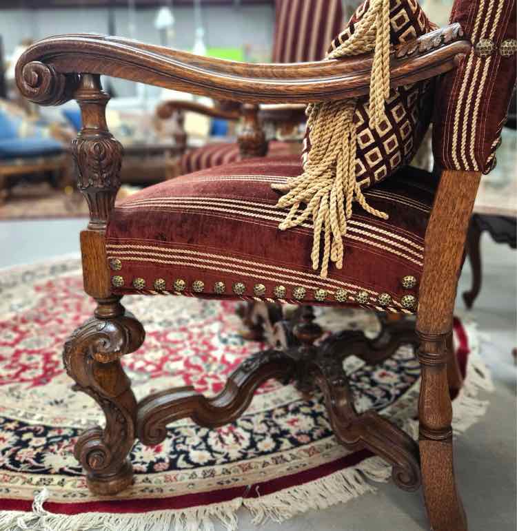 Pair Jacobean Maroon Striped "King" Armchairs