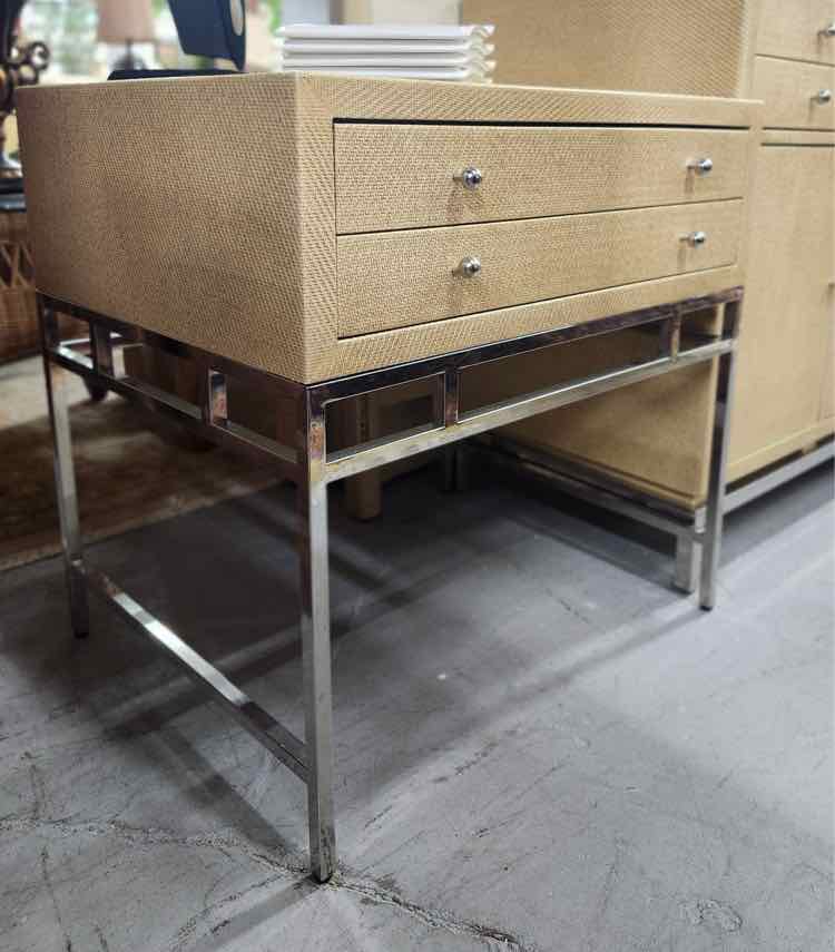 Pair of Chaddock Faux Rattan and Chrome Nightstands