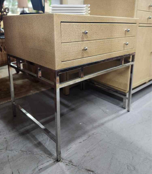 Pair of Chaddock Faux Rattan and Chrome Nightstands