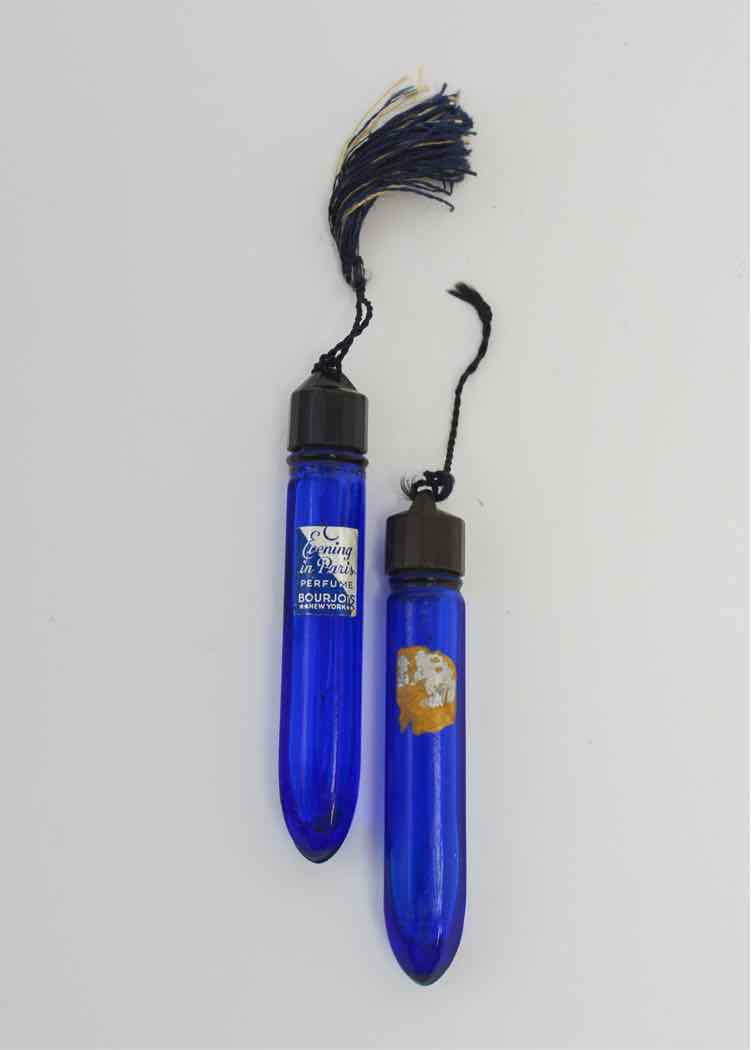 Pair Vtg. Bourjois Cobalt Blue Purse Vials